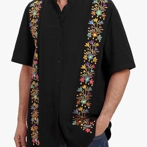 Black Short-Sleeve Embroidered Floral Button-Down Shirt